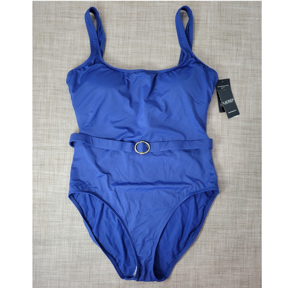 Lauren Ralph Lauren Blue Belted Underwire Shaping One Piece Swimsuit 14 NWT $130